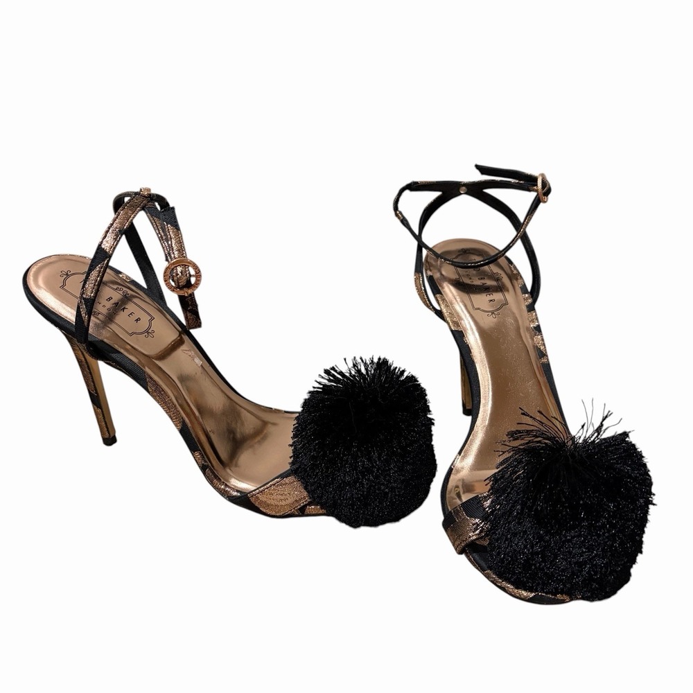 TED BAKER black & Rose Gold Floral ELYNIE Pompom Ankle Strap Heels 9 Jacquard